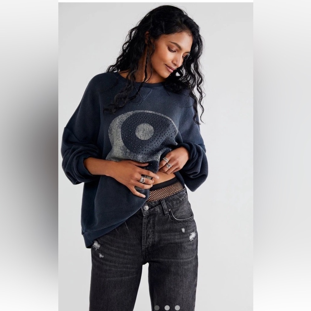 Free People Vintage Souls Yin Yang Shine Pullover Sequin Waffle Knit Black